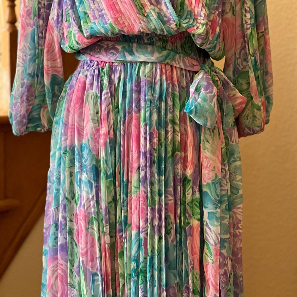 Vintage 80’s Diane Freis Sz 6 Floral Georgette Pink Purple Blue Tea Length Dress - Picture 3 of 10